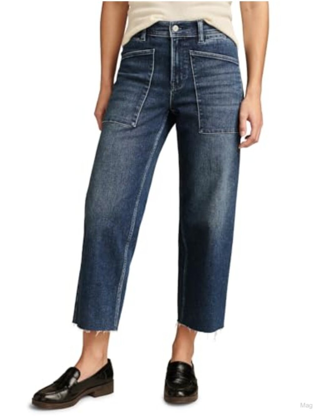 High Rise Wide Leg Crop Jeans Patch Pocket Relaxed Fit Stretch Denim